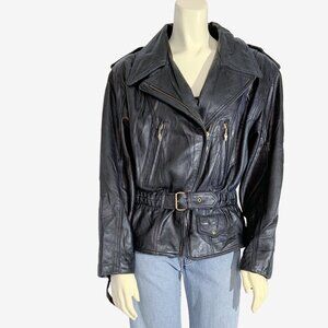Vintage Black Leather Belted Biker Jacket with Gold Hardware / size Small